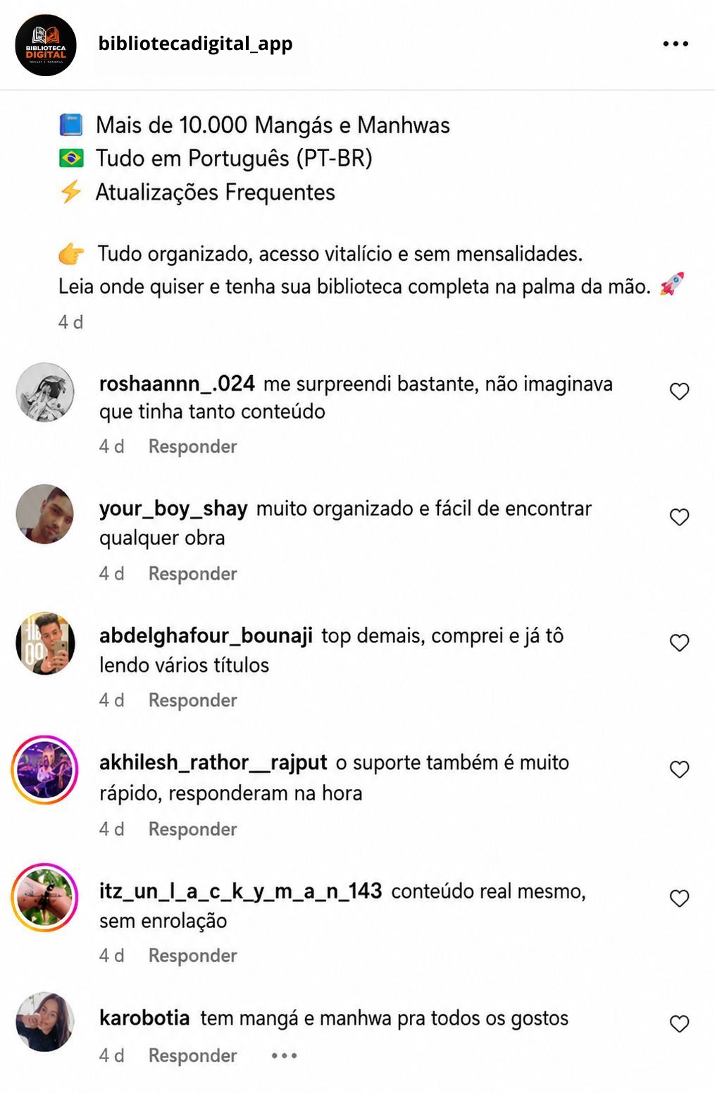 Comentários reais de clientes no Instagram